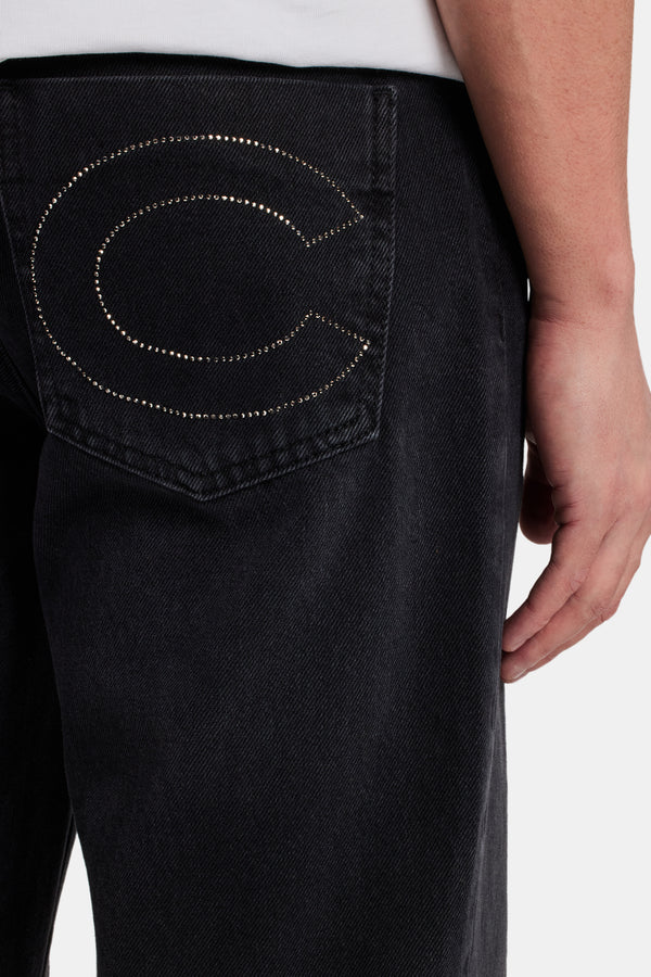 Relaxed Rhinestone Pocket Detail Jeans  - True Black