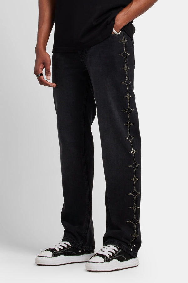Relaxed Rhinestone Star Jeans - Washed Black