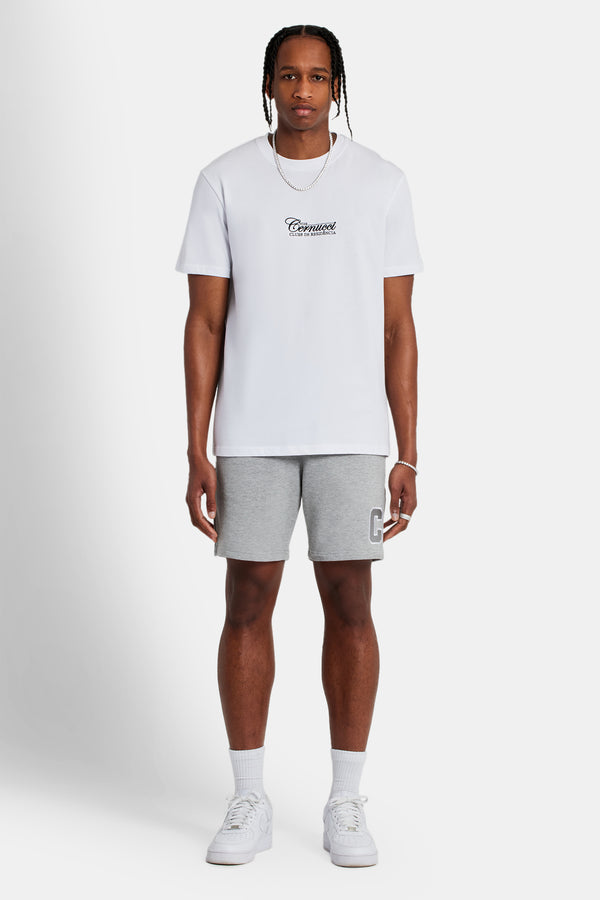 Male model wearing regular fit jersey C shorts in Grey Marl