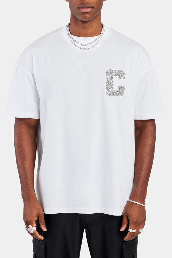 Oversized C Rhinestone Applique T- Shirt - White