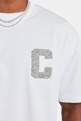 Oversized T-Shirt mit C-Strass-Applikation - Weiß