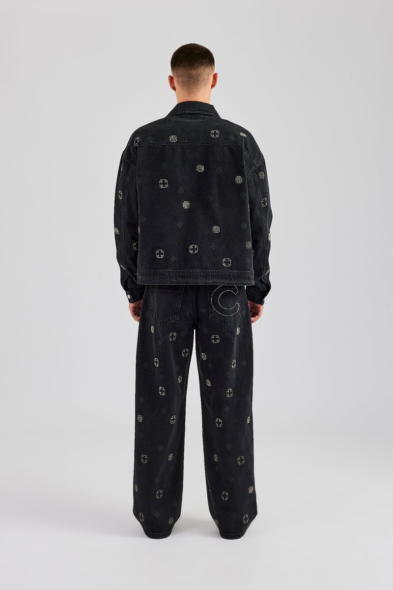 Oversized Embellished Jacket and Jean Set Washed Black Mens