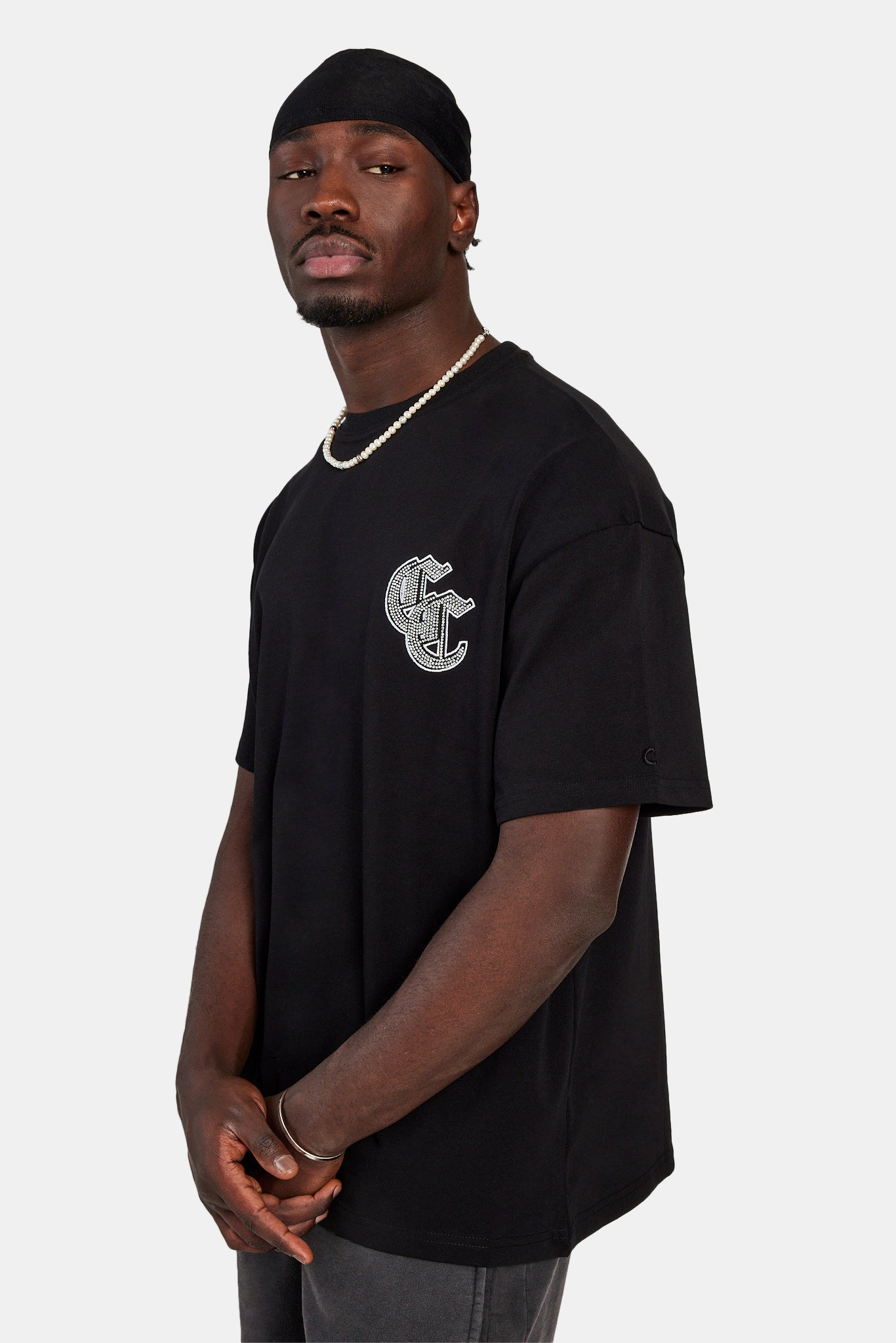 Gothic C Strass Oversize T-Shirt - Schwarz