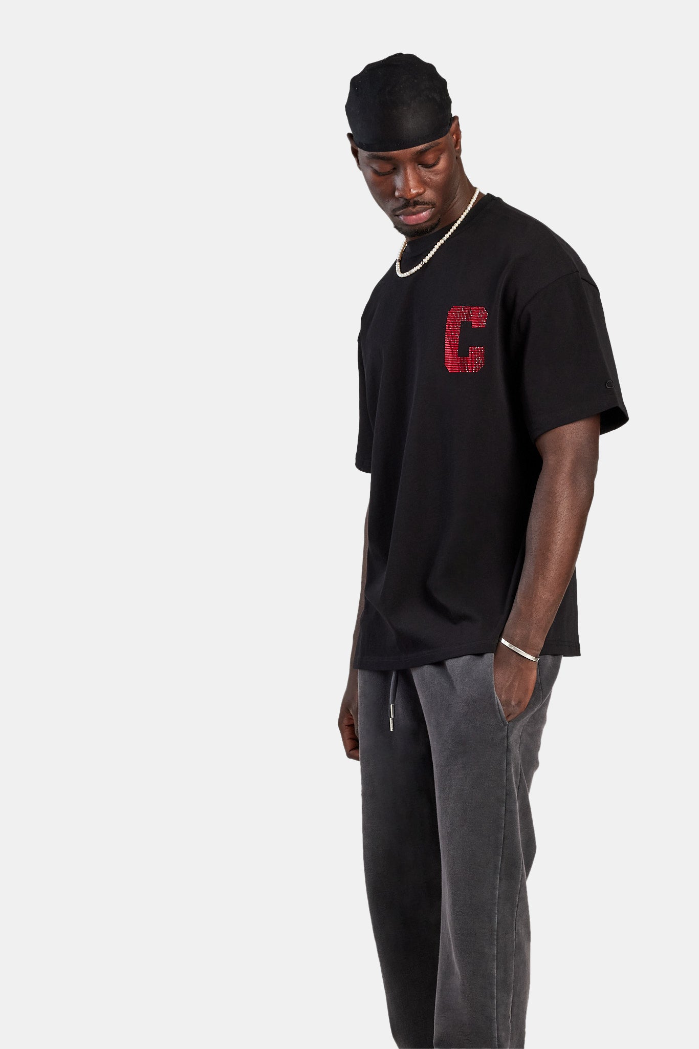 Oversize-T-Shirt mit C-Strass - Schwarz