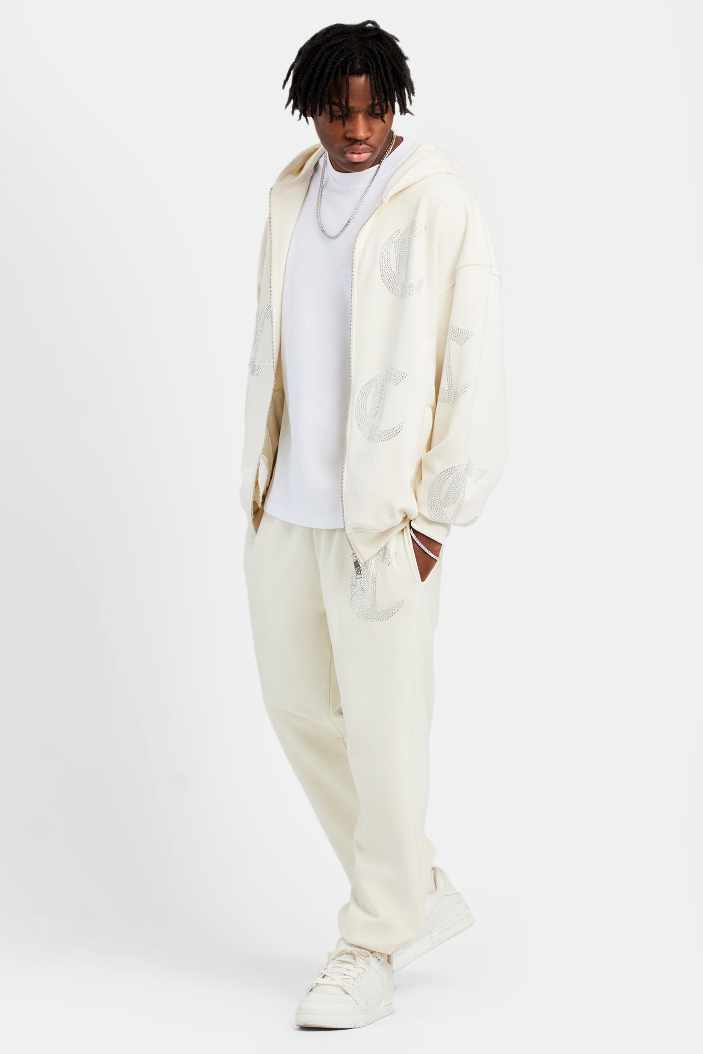 C Repeat Diamante Zip Through Hoodie - Ecru | Mens Hoodies