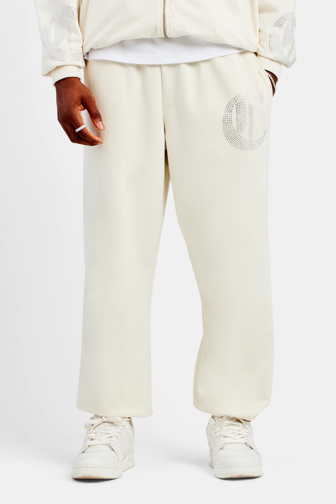 Oversize-Jogginghose mit Strasssteinen – Ecru