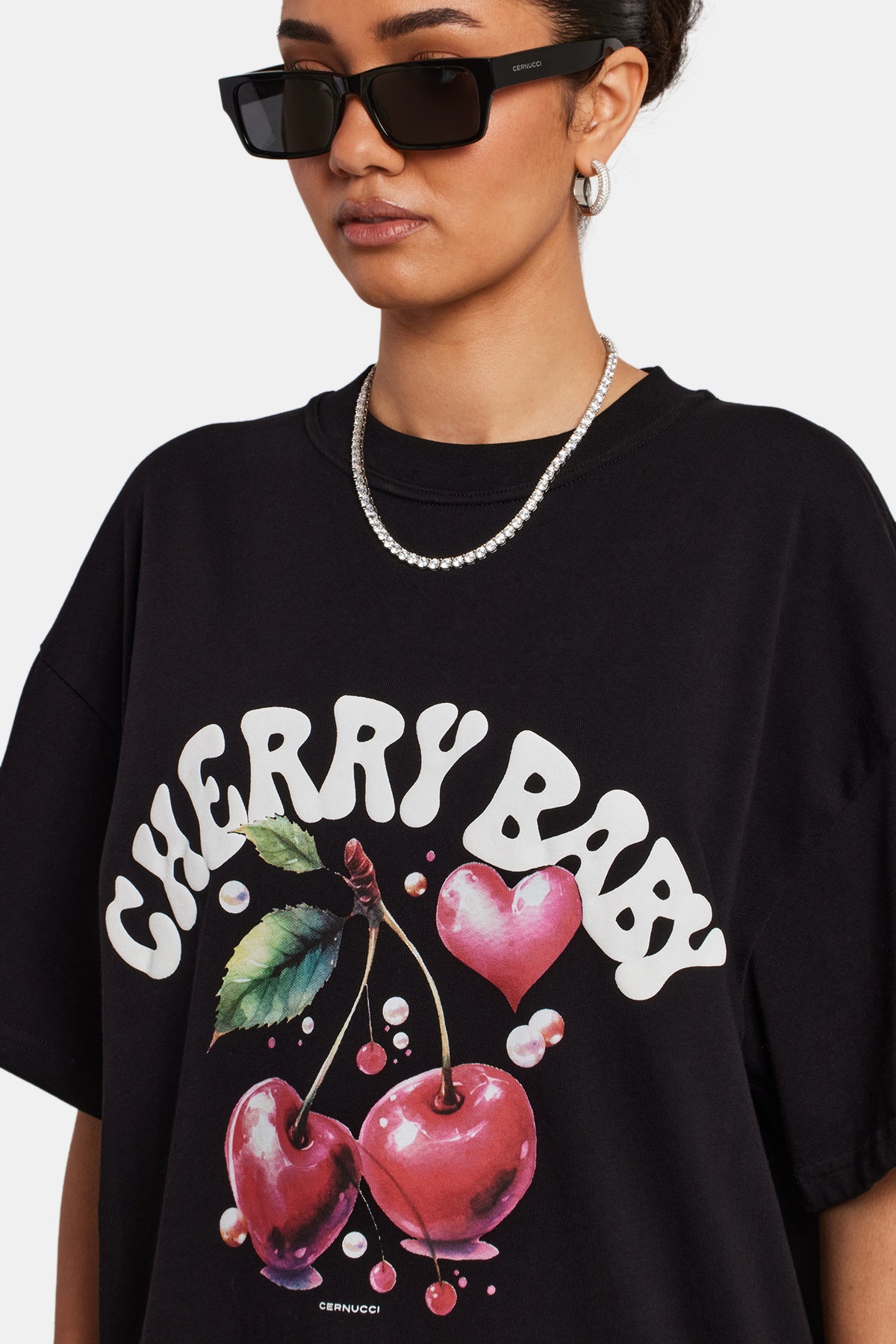 Oversized Cherry Graphic T-Shirt - Black | Womens Tees & Vests 