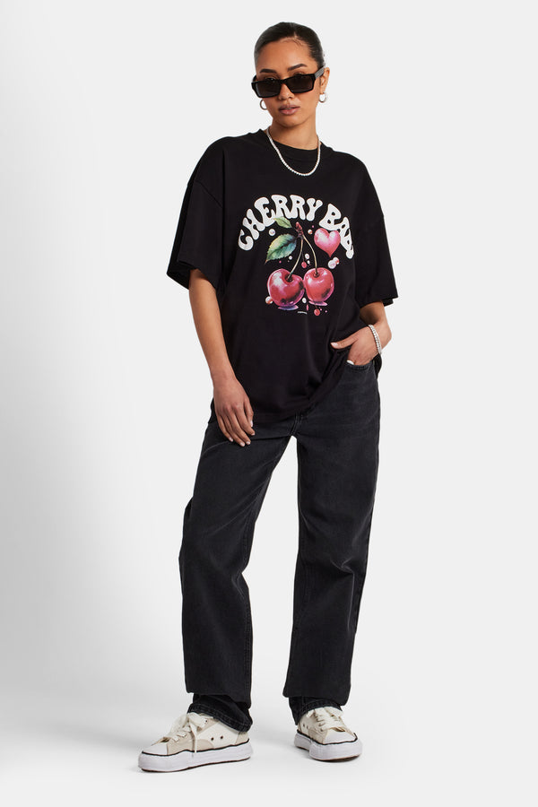 Oversized Cherry Graphic T-Shirt - Black