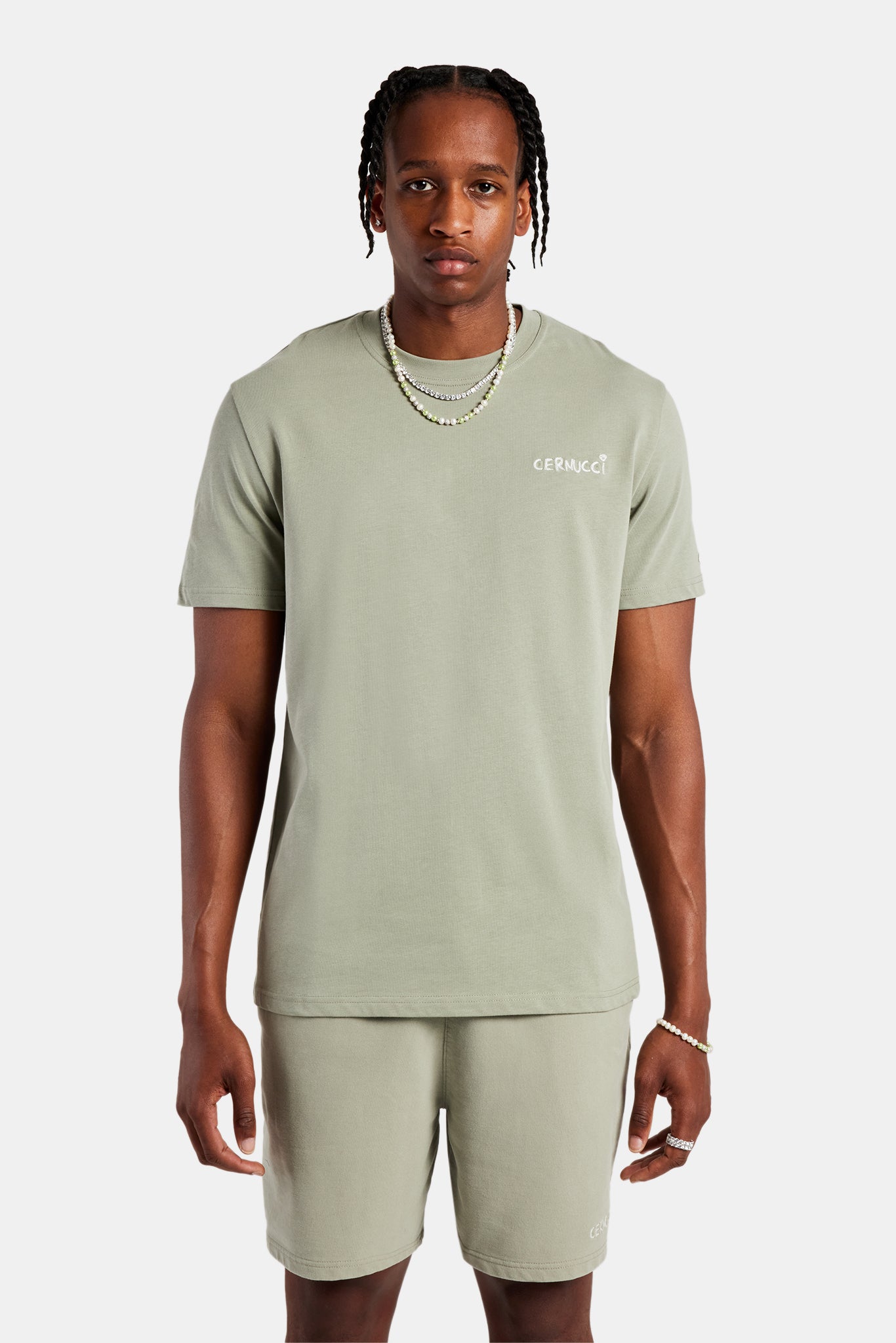 Set aus T-Shirt und Shorts mit Logo-Stickerei – Salbeigrün