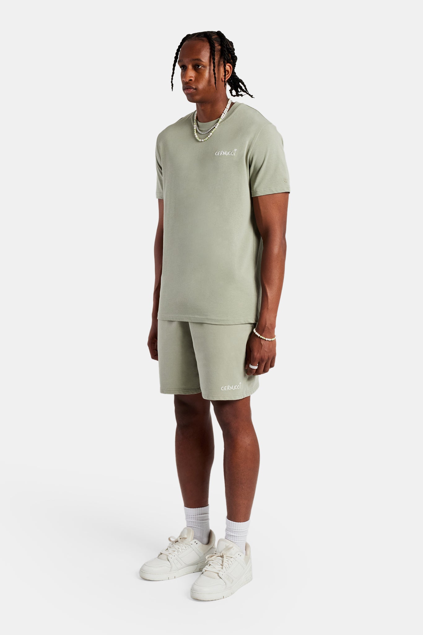 Set aus T-Shirt und Shorts mit Logo-Stickerei – Salbeigrün