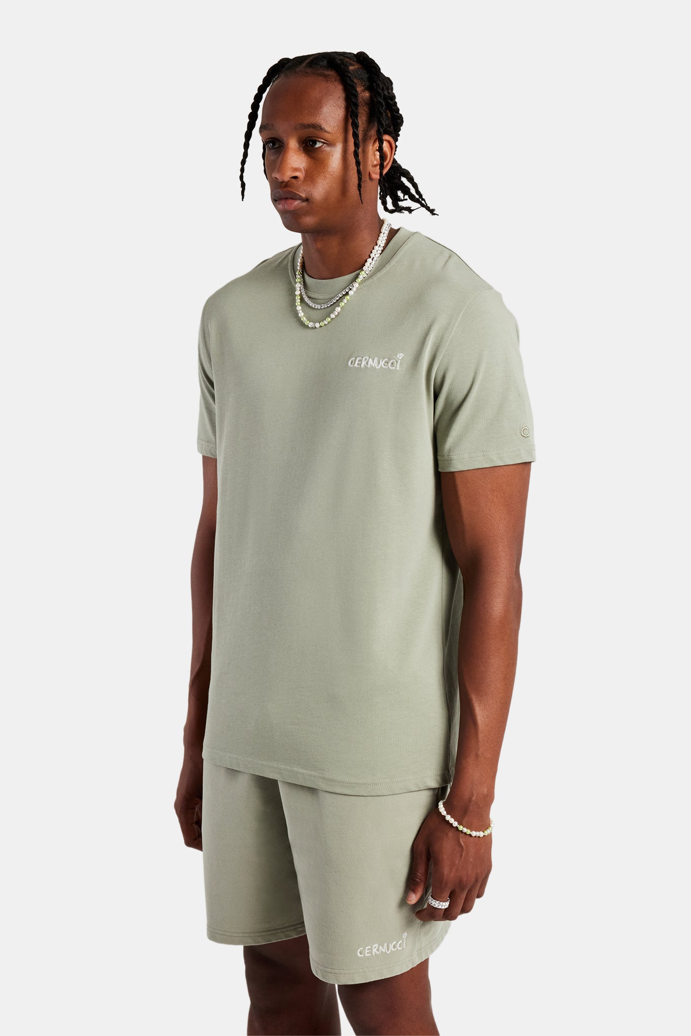 Set aus T-Shirt und Shorts mit Logo-Stickerei – Salbeigrün