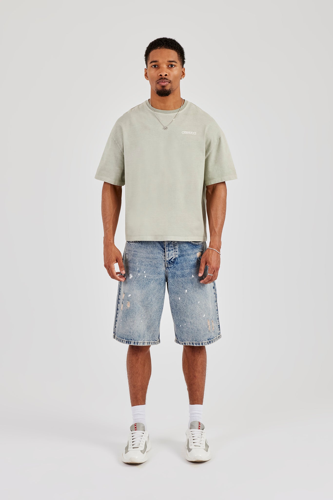 Paint Splatter Denim Bermuda Jorts - Antique Wash