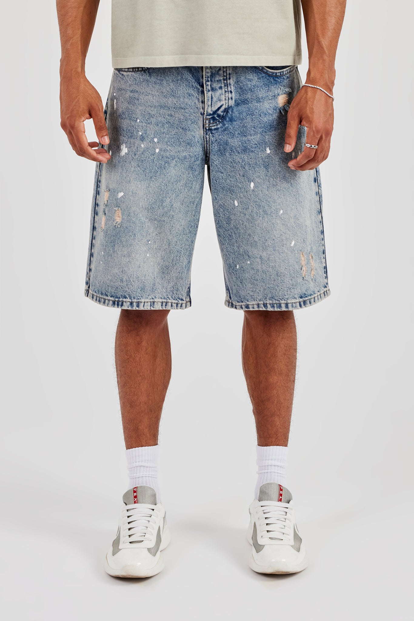 Paint Splatter Denim Bermuda Jorts - Antique Wash
