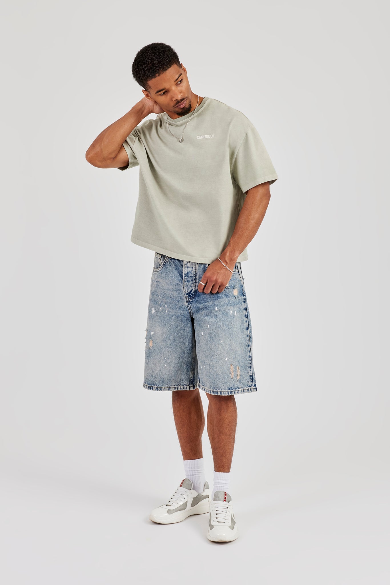 Paint Splatter Denim Bermuda Jorts - Antique Wash