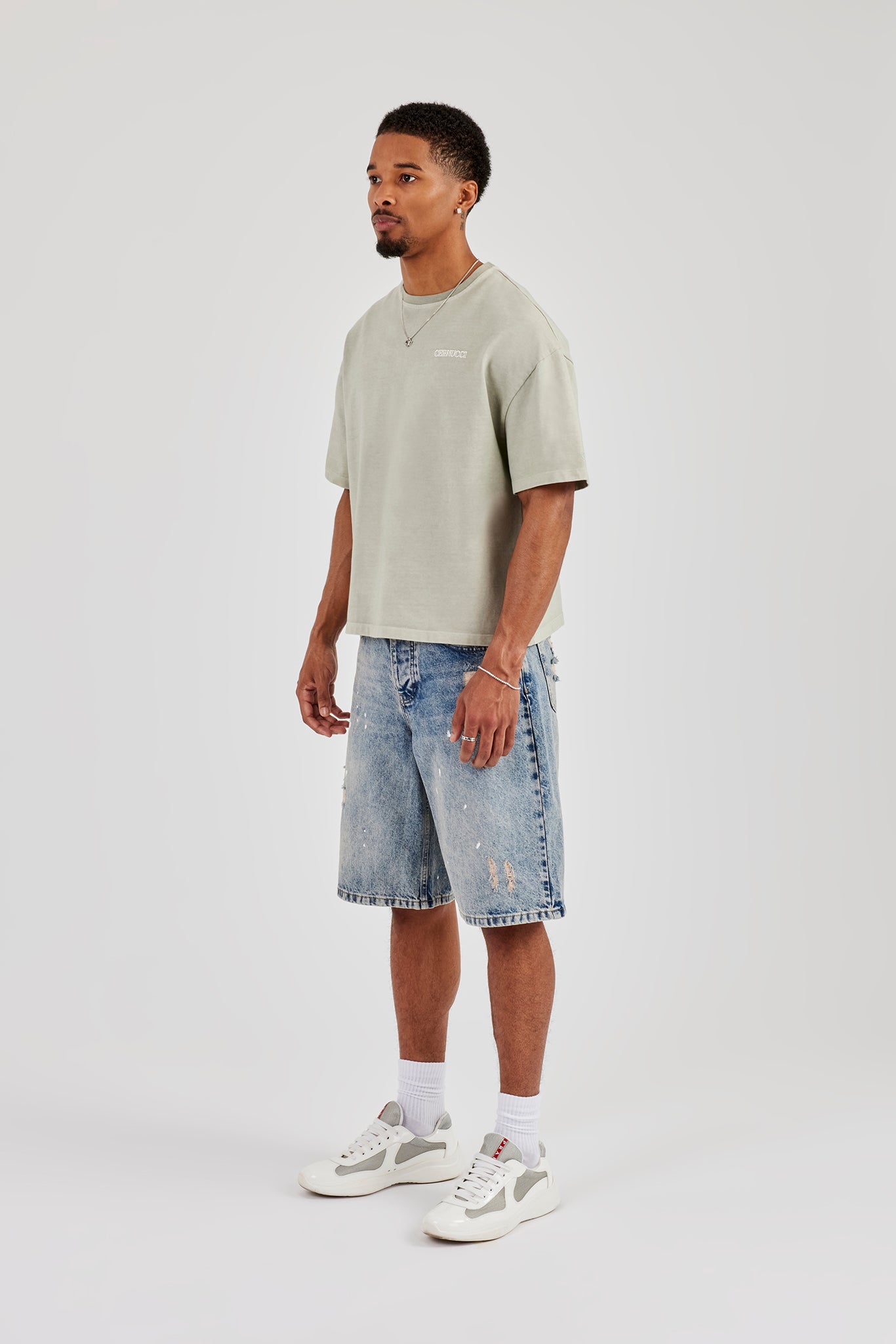 Paint Splatter Denim Bermuda Jorts - Antique Wash