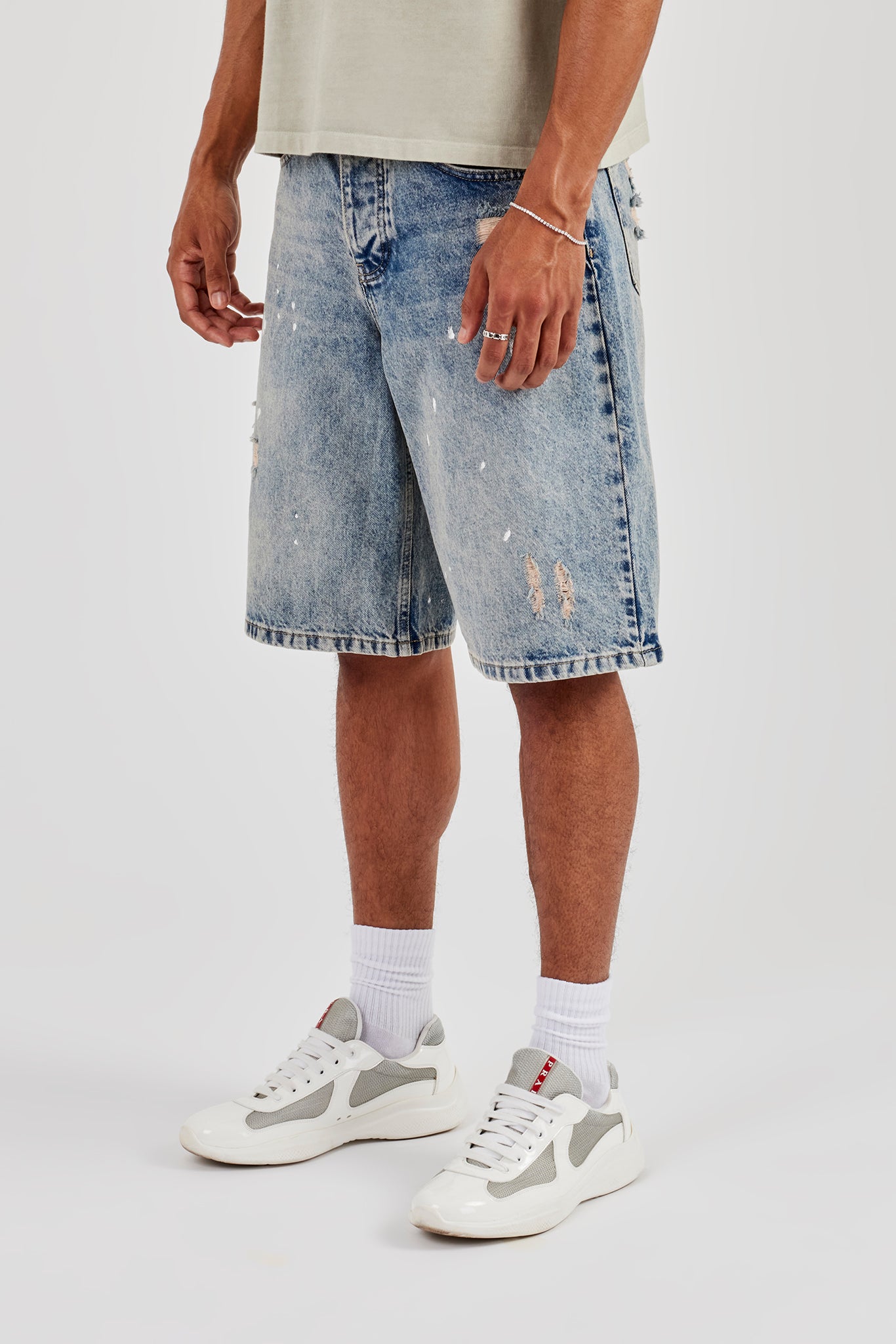 Paint Splatter Denim Bermuda Jorts - Antique Wash