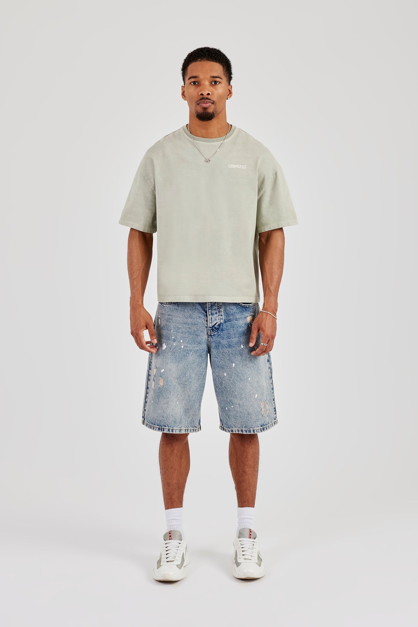 Paint Splatter Denim Bermuda Jorts - Antique Wash