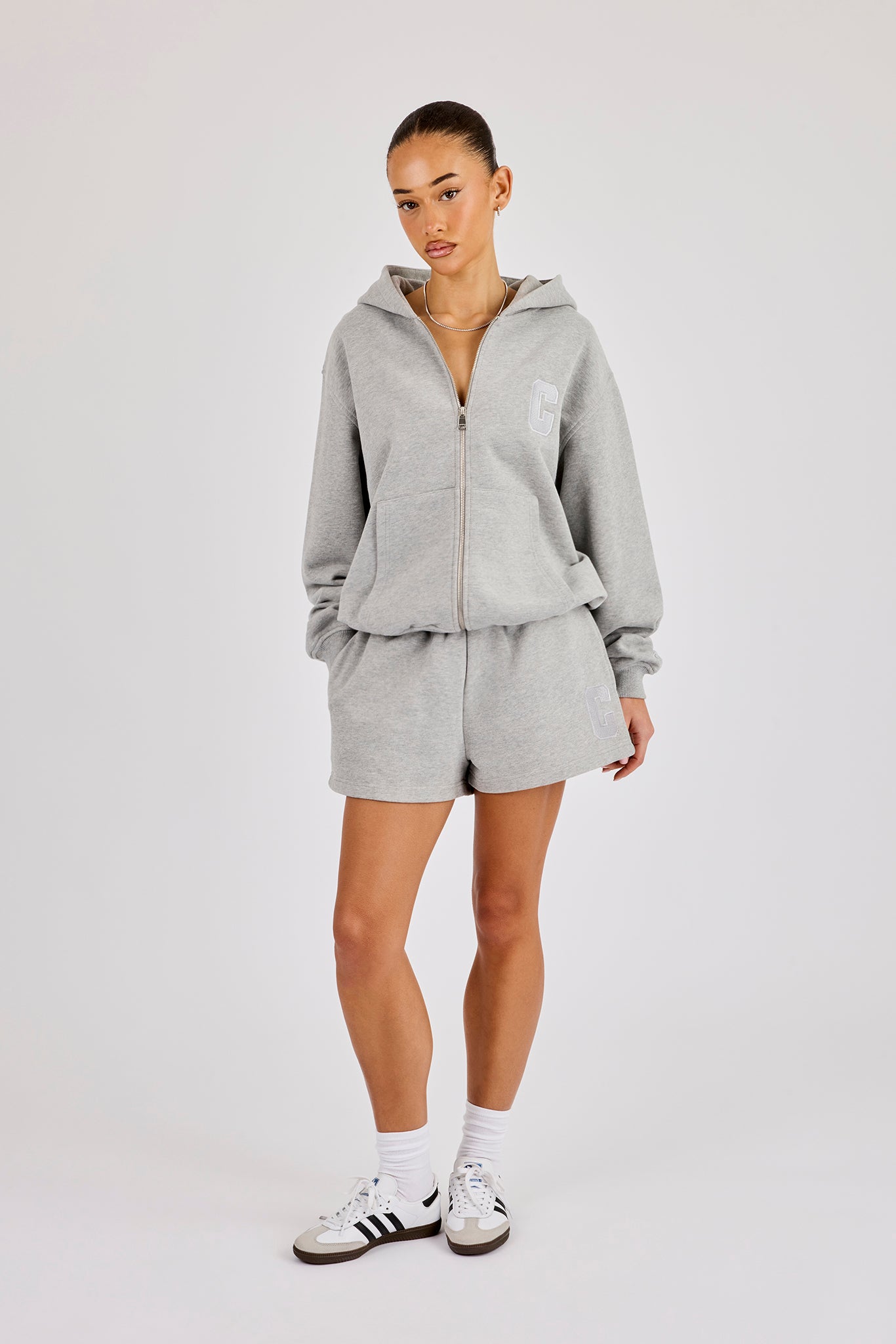 C Embroidered Zip Through Hoodie & Short - Grey Marl