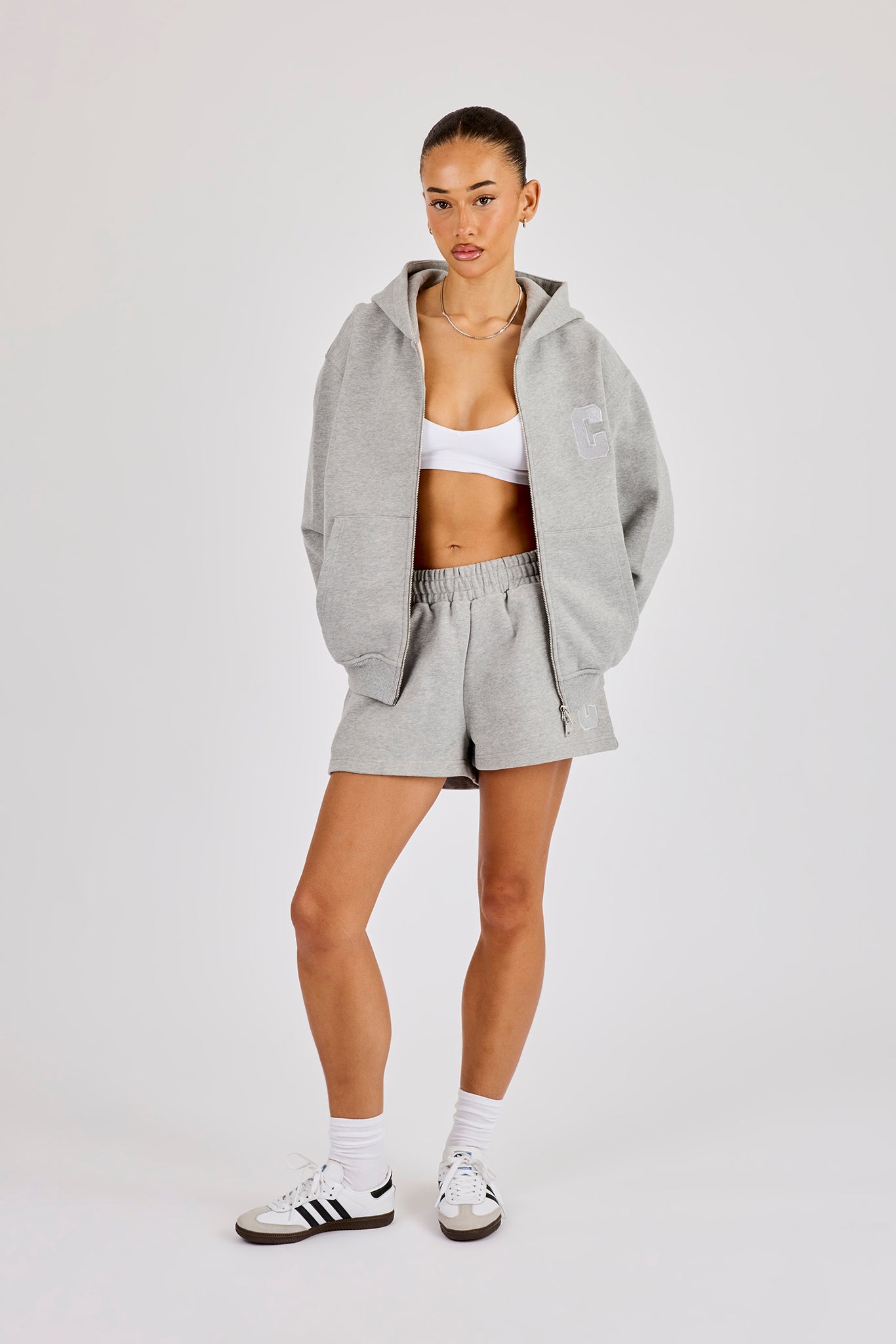 C Embroidered Zip Through Hoodie & Short - Grey Marl
