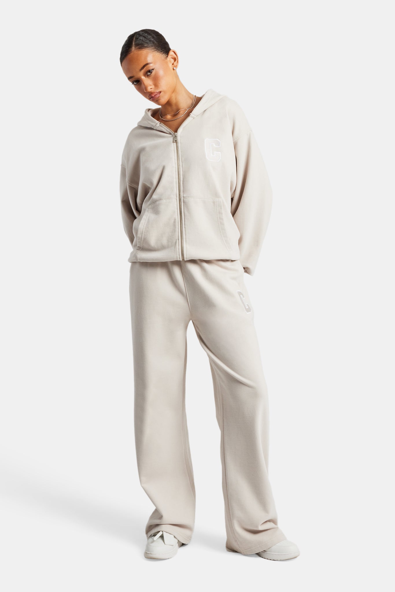 STONE  コットンジャージ スウェットプルオーバーフーディ C Embroidered Zip Through Tracksuit - Stone | Womens Sets | Shop