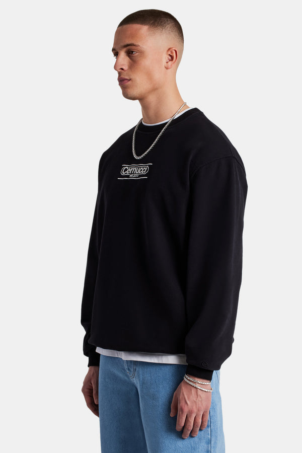 Model wearing the cernucci established embroided sweatshirt in black