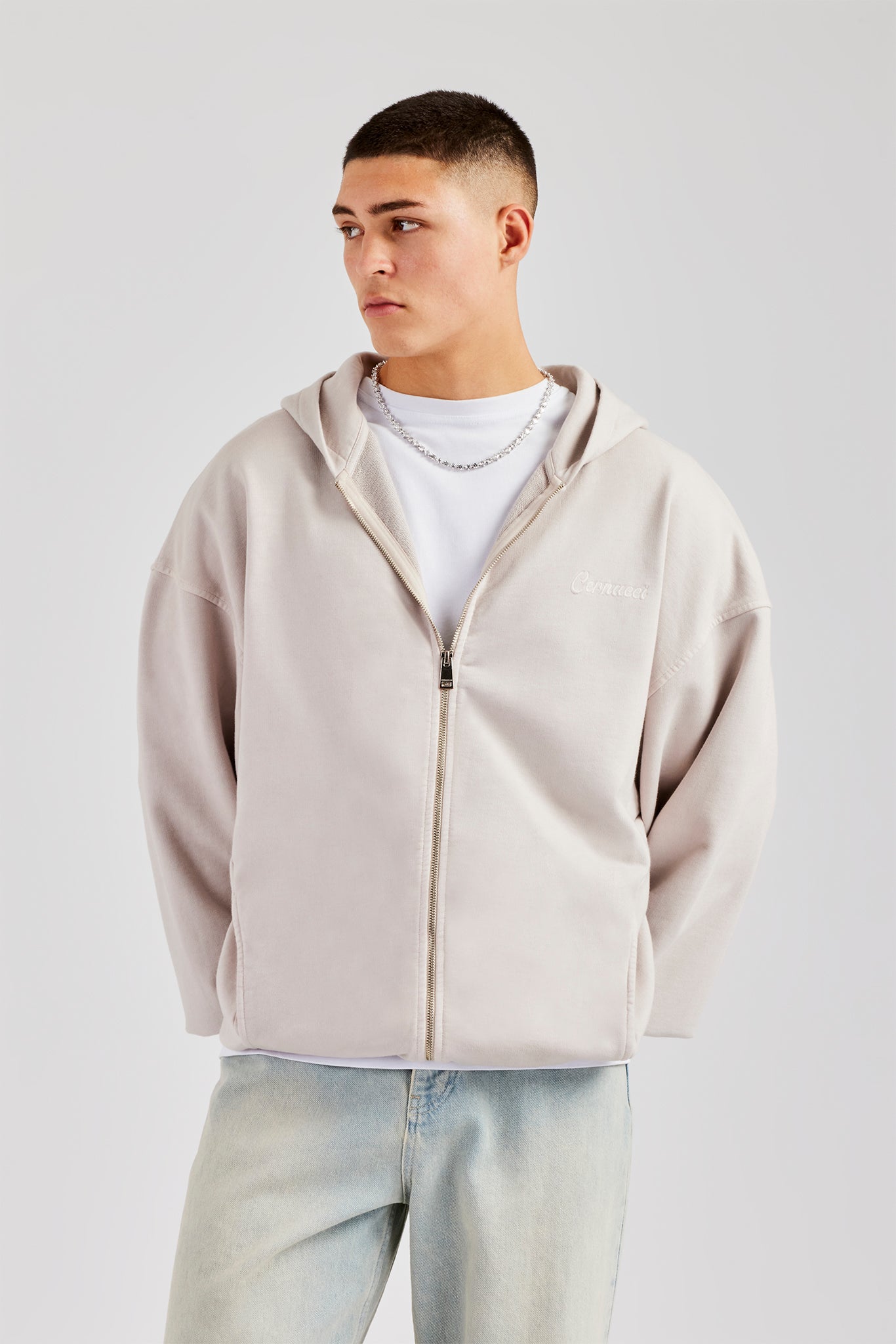 Bestickter Kapuzenpullover mit durchgehendem Reißverschluss – verwaschener Stein