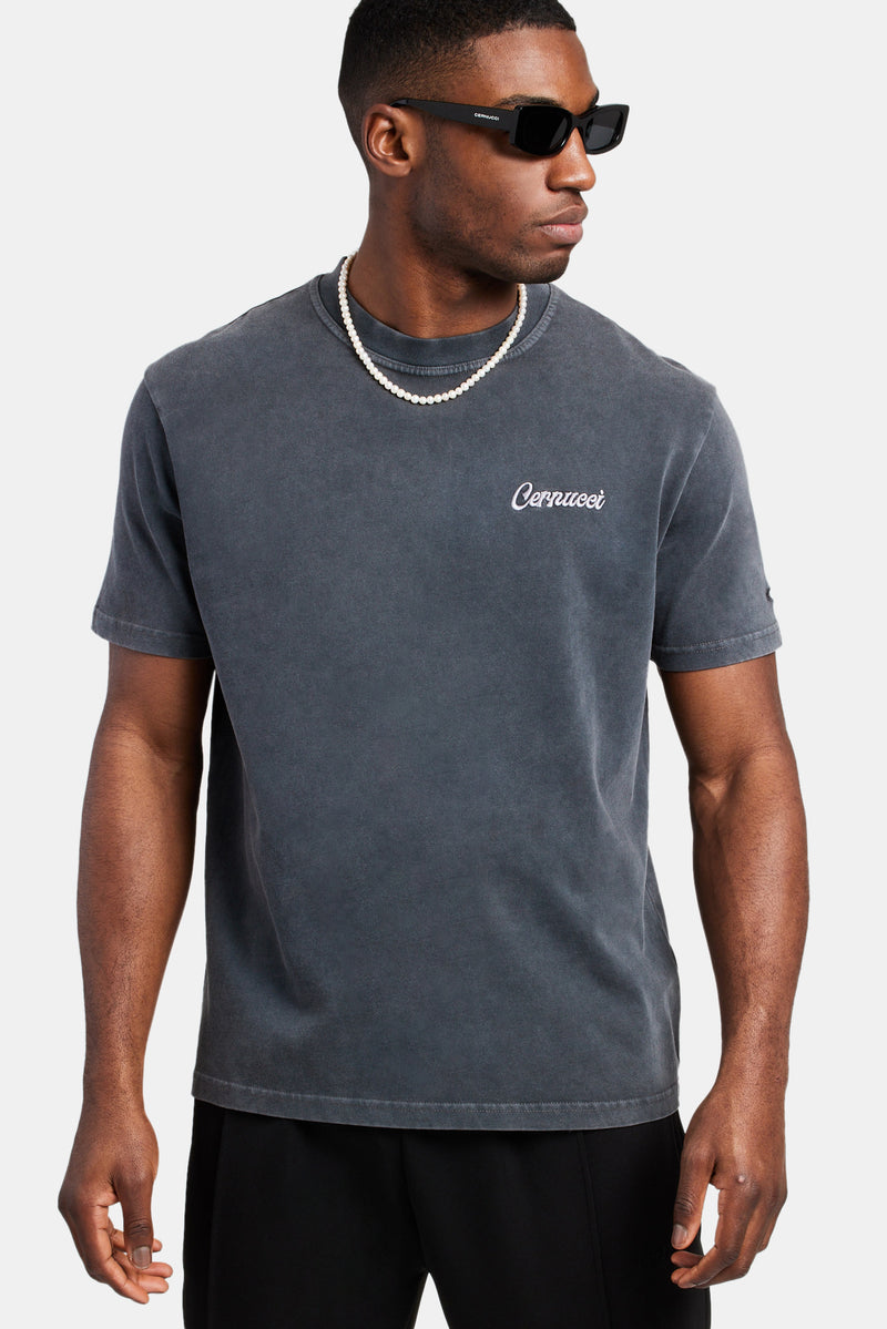 Acid Wash Embroidered T-Shirt  Charcoal