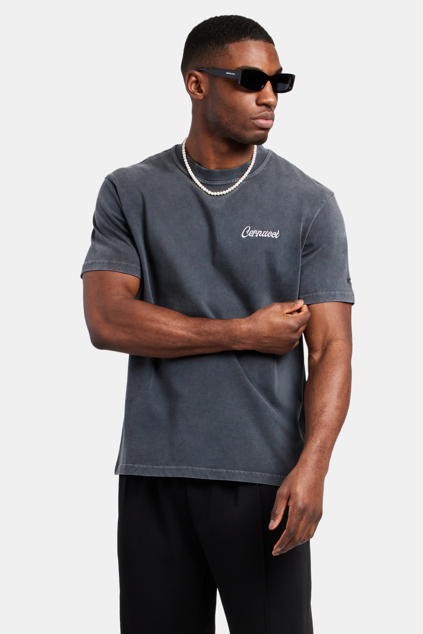 Acid Wash Embroidered T-Shirt Charcoal | Mens Tees & Vests | Shop