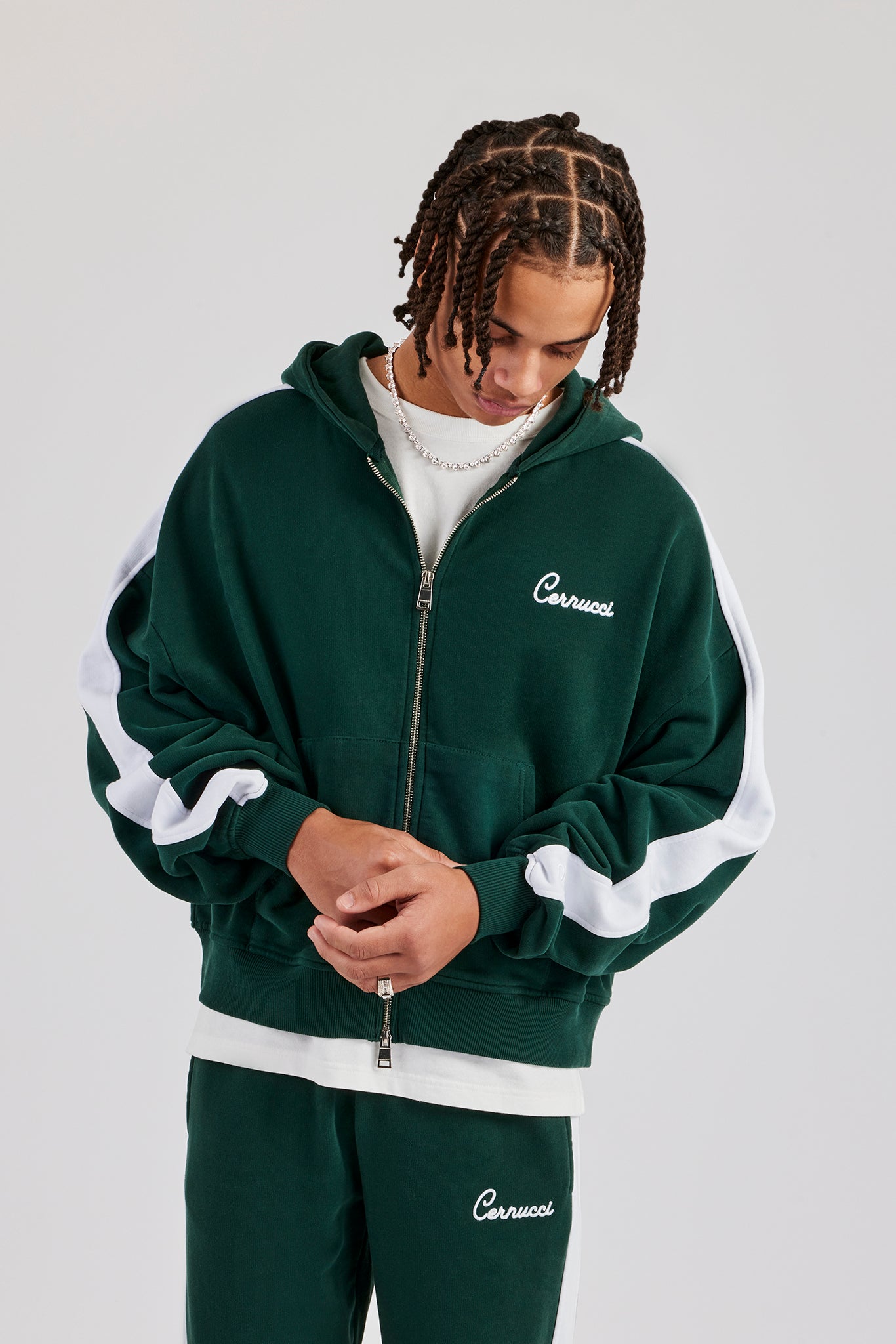 Contrast Panel Boxy Zip Through Hoodie - Forest Green | Mens