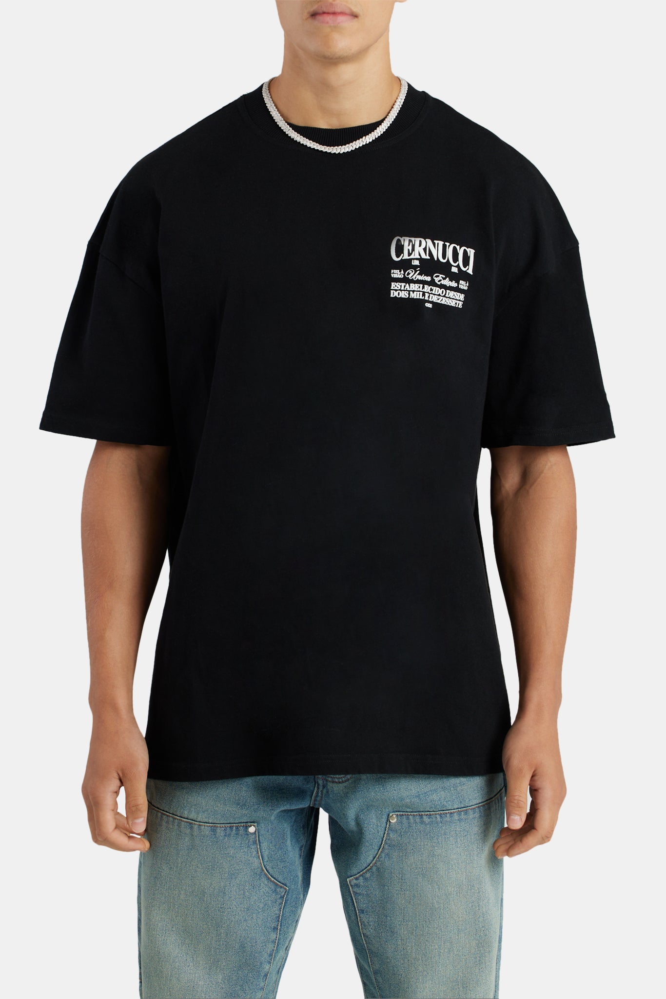 Oversized Cernucci Text Embroidered T-Shirt - Black | Mens Tops