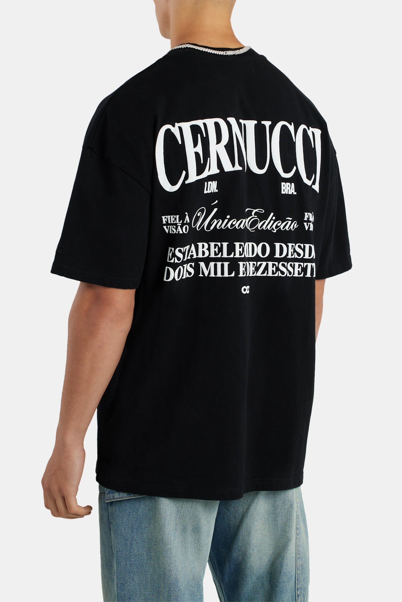 Oversized Cernucci Text Embroidered T-Shirt - Black | Mens Tops