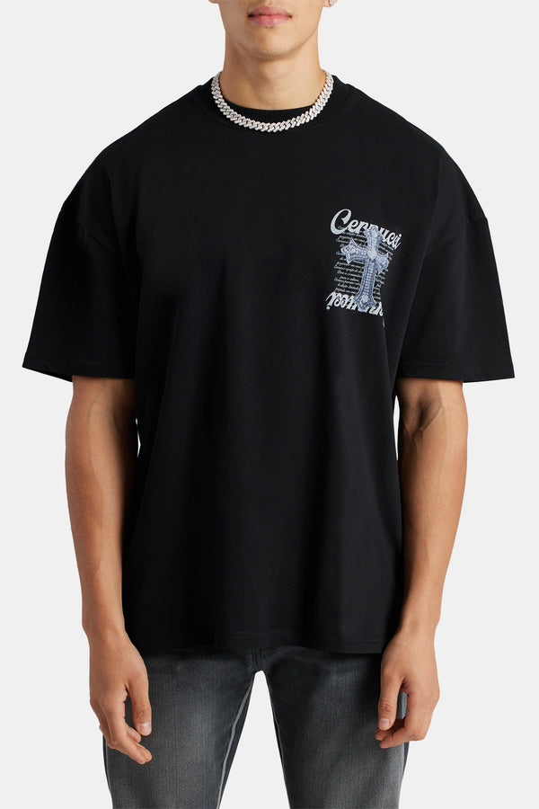 Oversized Iced Cross Graphic T-Shirt - Black