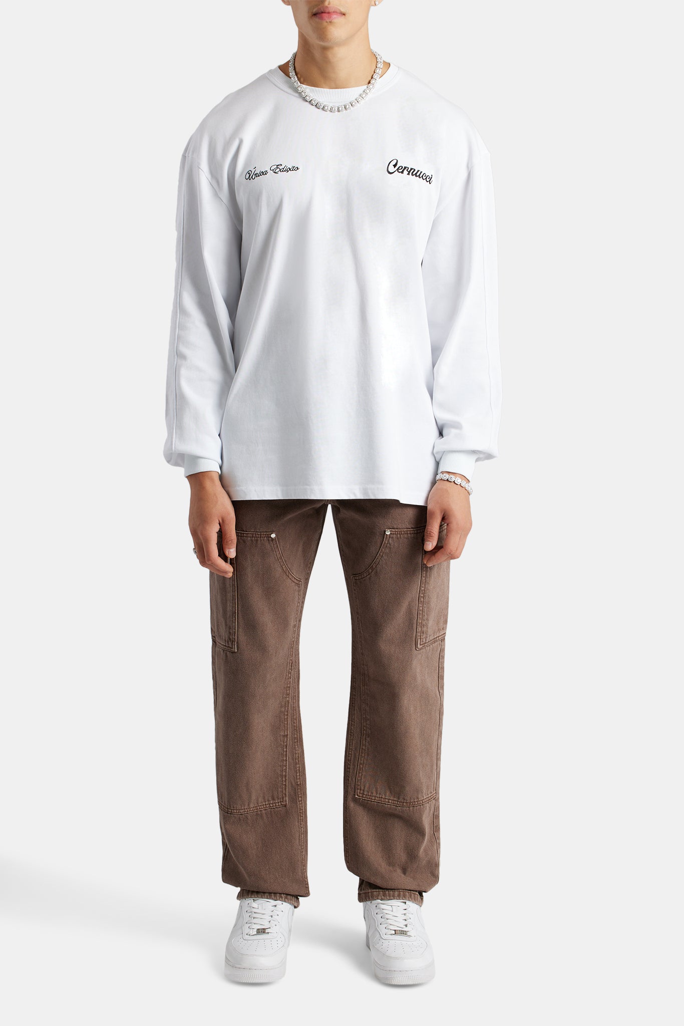 Oversized Long Sleeve Statue Printed T-Shirt - White | Mens Tops