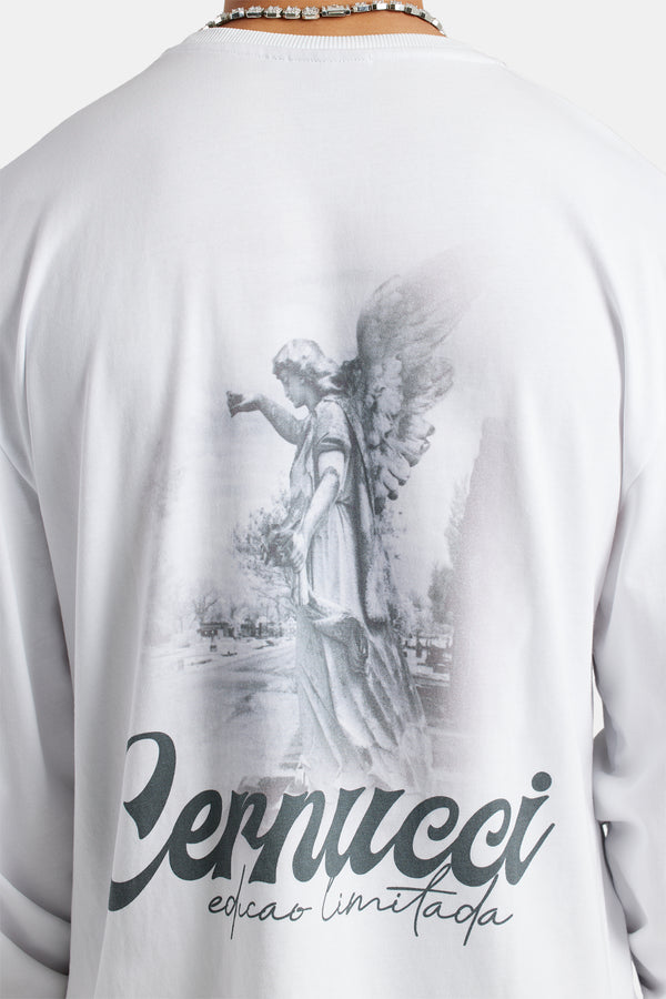 Oversized Long Sleeve Statue Printed T-Shirt - White