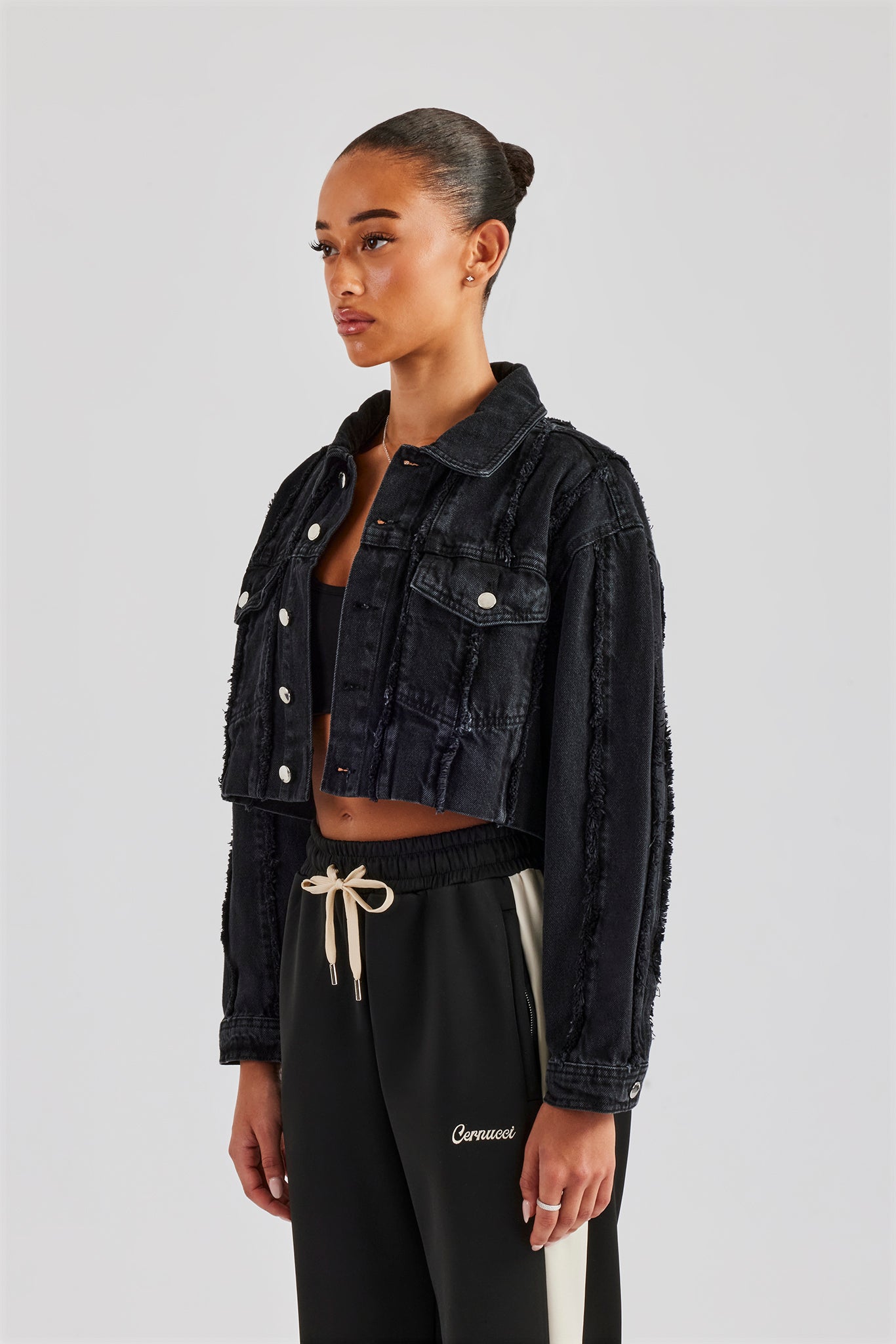 Oversized Raw Edge Cropped Denim Jacket - Washed Black | Womens