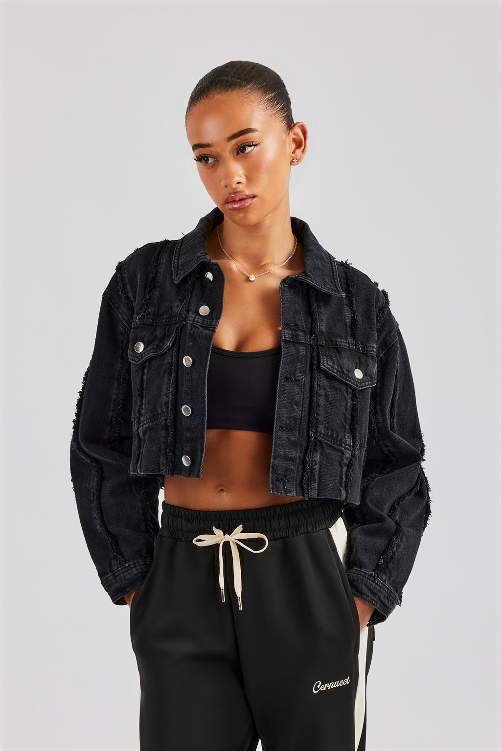 Oversized Raw Edge Cropped Denim Jacket Washed Black Womens