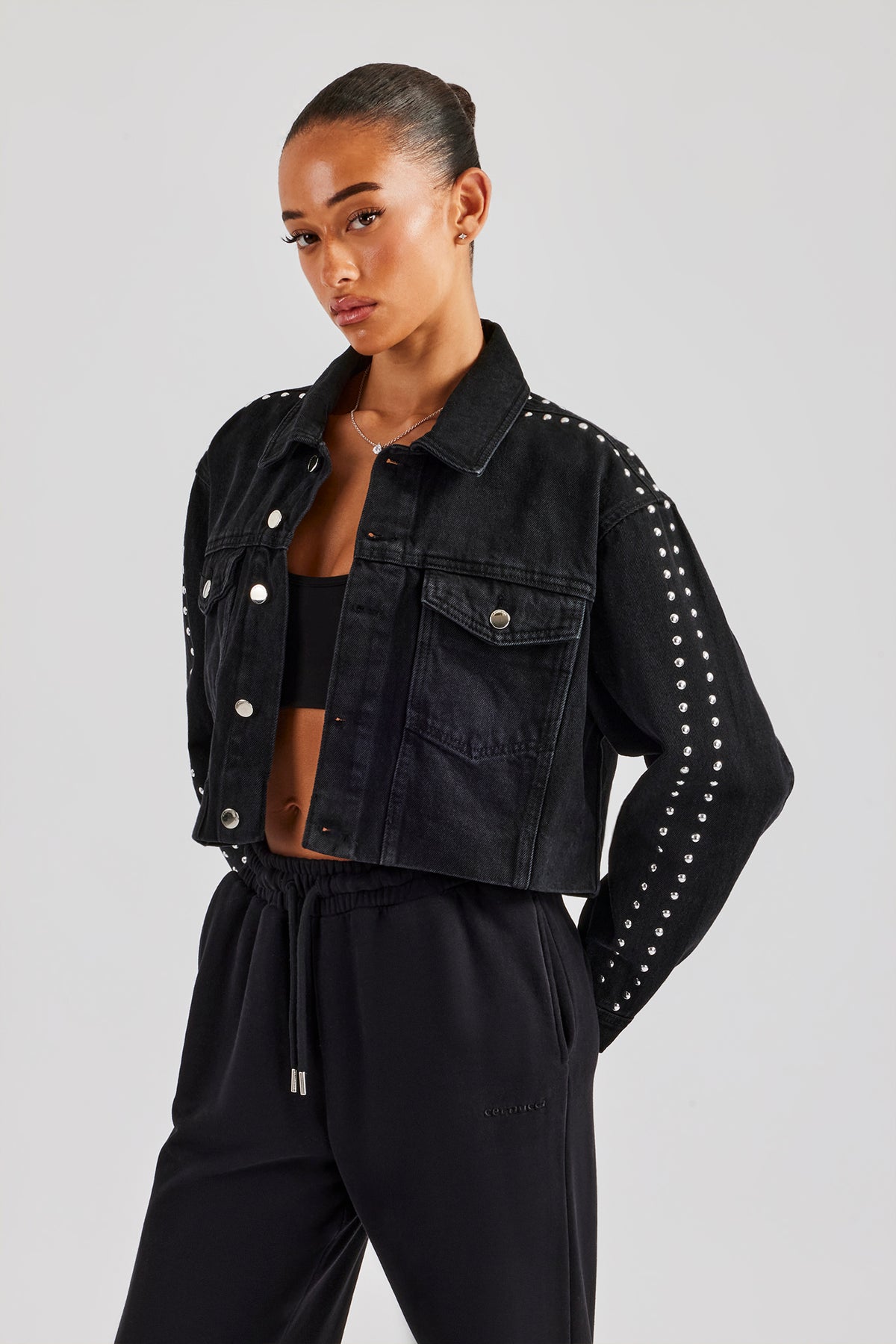 Pearl Stud Cropped Denim Jacket - Washed Black | Womens Denim 
