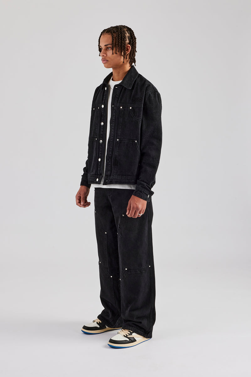 Oversized Carpenter Denim Jacket Baggy Jean Washed Black