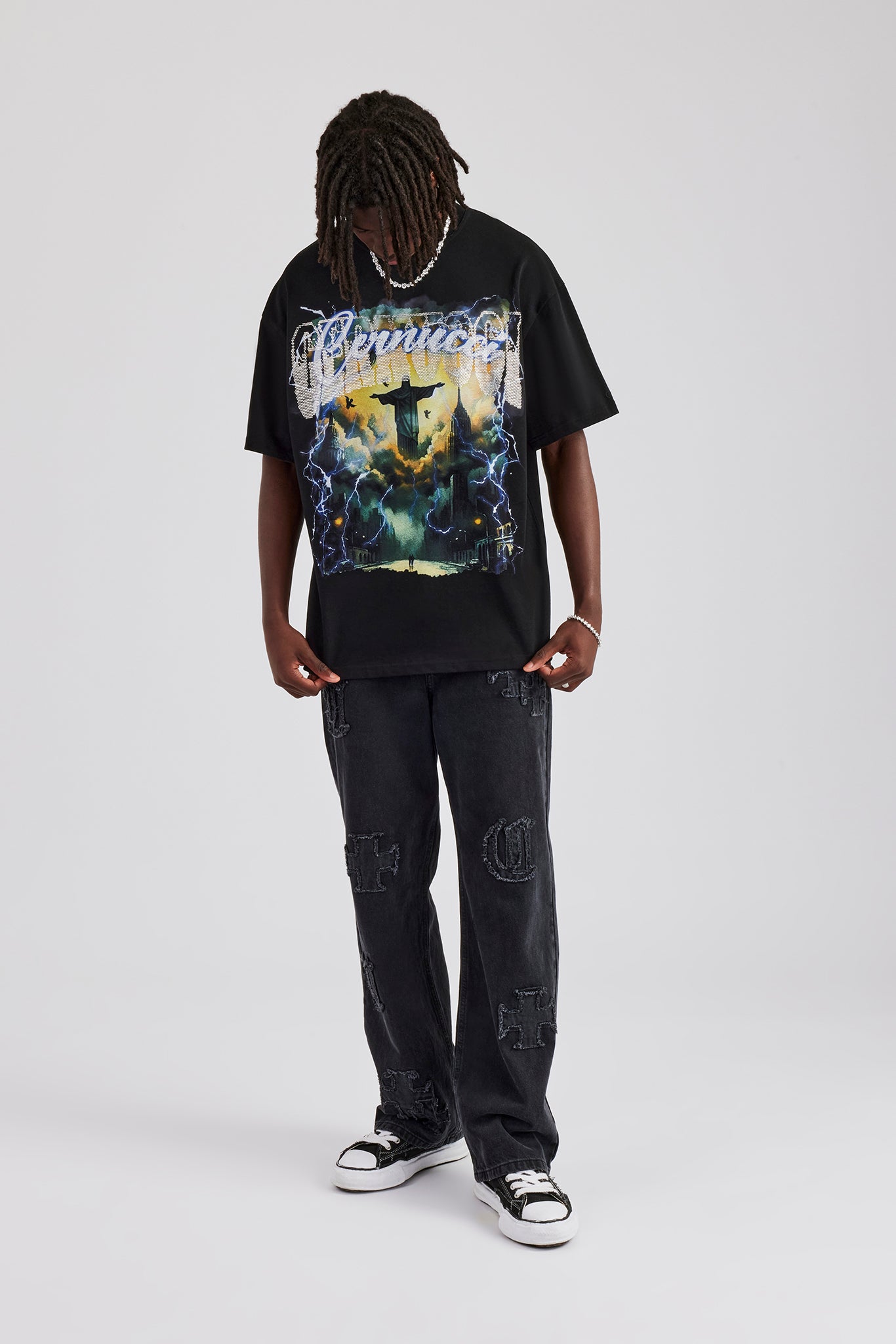 Oversize-T-Shirt mit Strass-Blitz - Schwarz