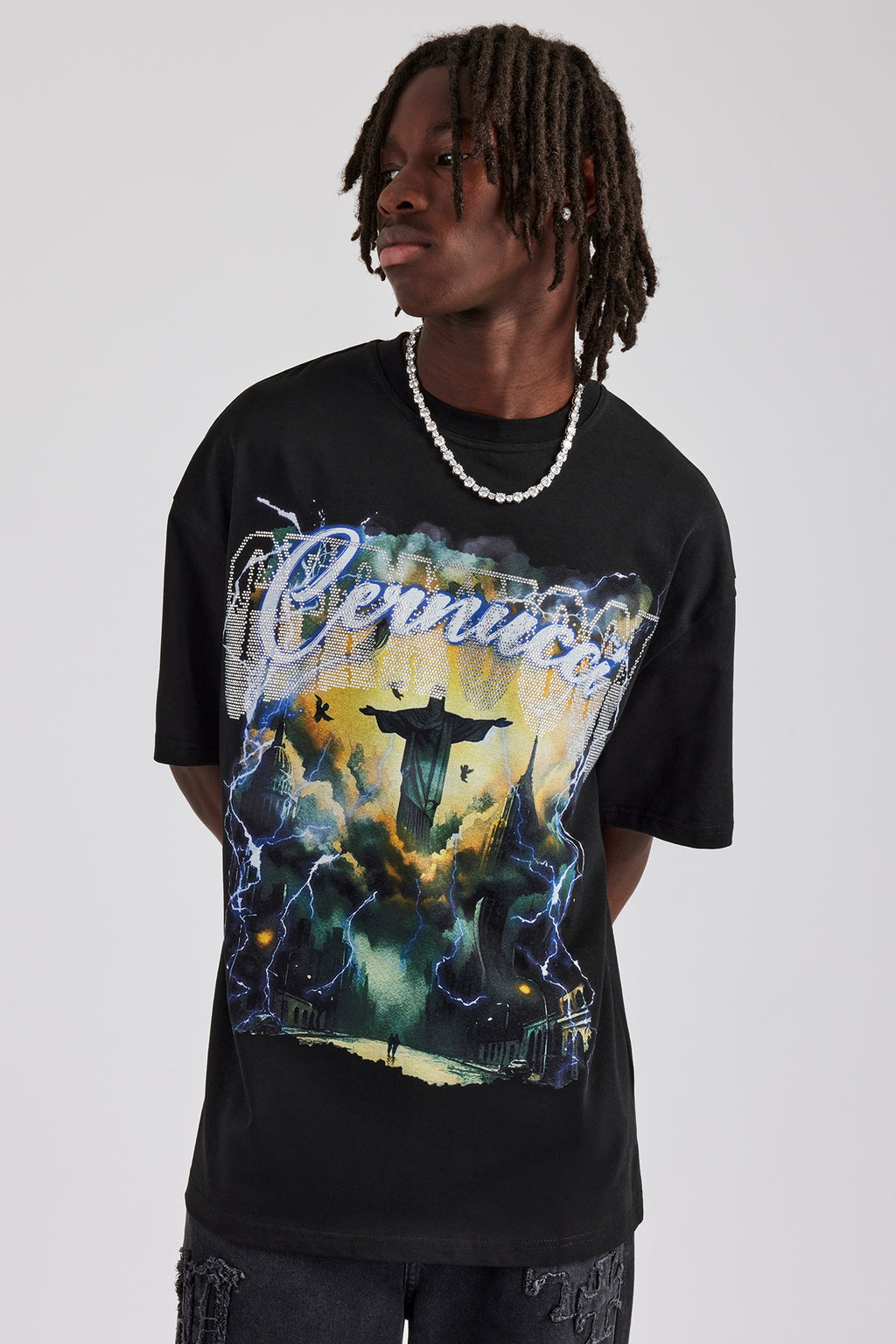 Rhinestone Lightning Oversized T-Shirt - Black | Mens Tees & Vests ...