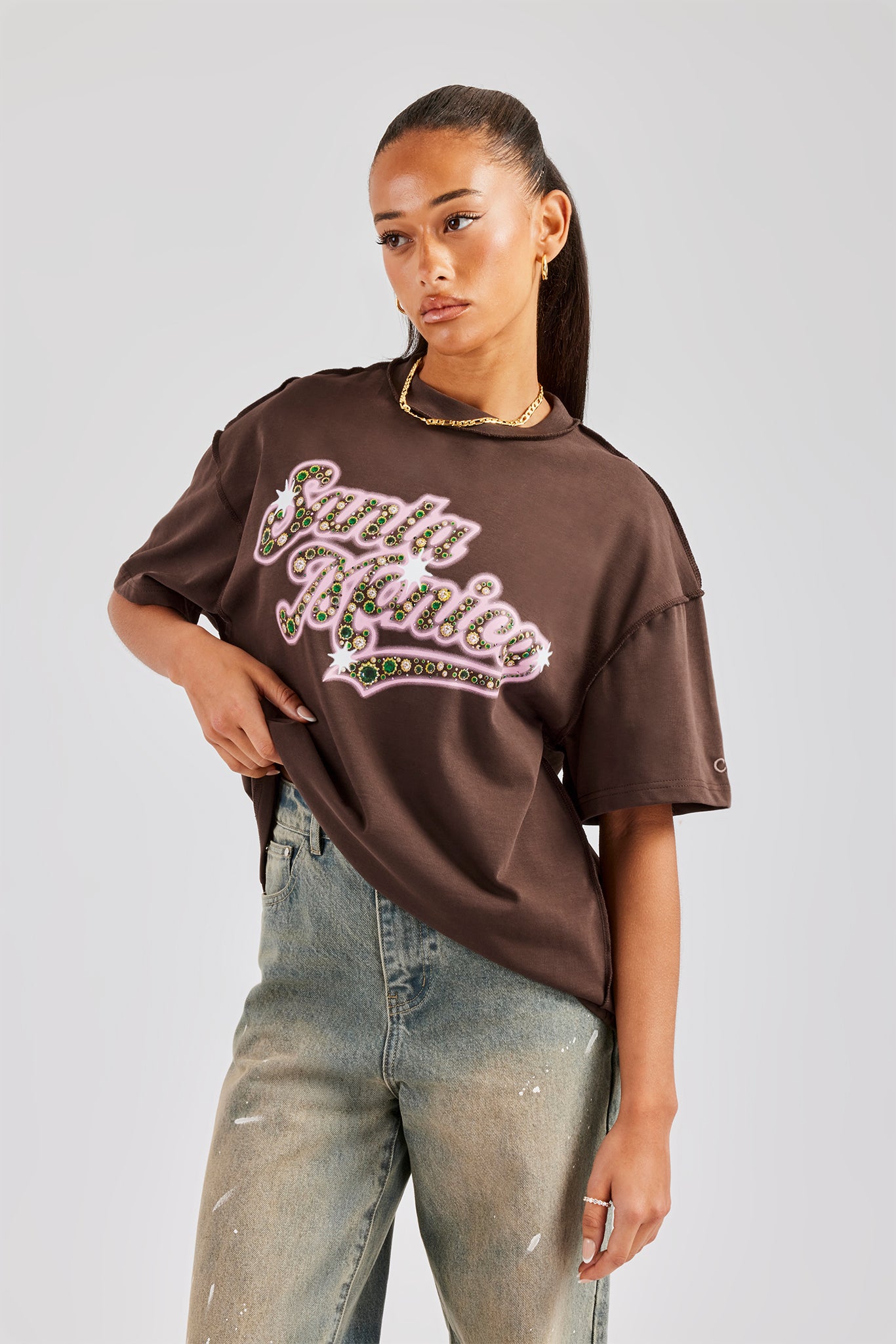 Santa Monica Rhinestone Oversized T-Shirt - Chocolate | Womens