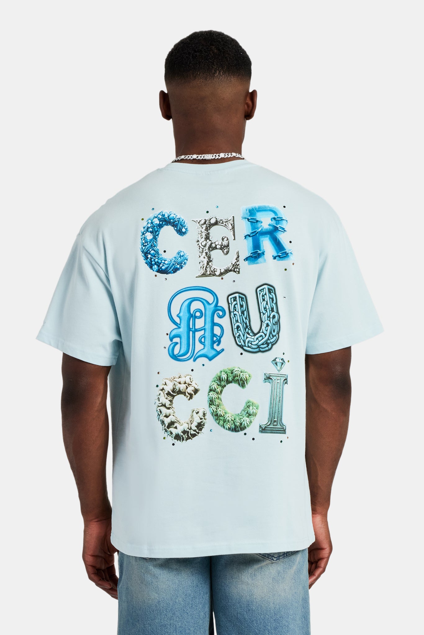 Cernucci Oversize-T-Shirt mit Buchstaben-Strass - Hellblau