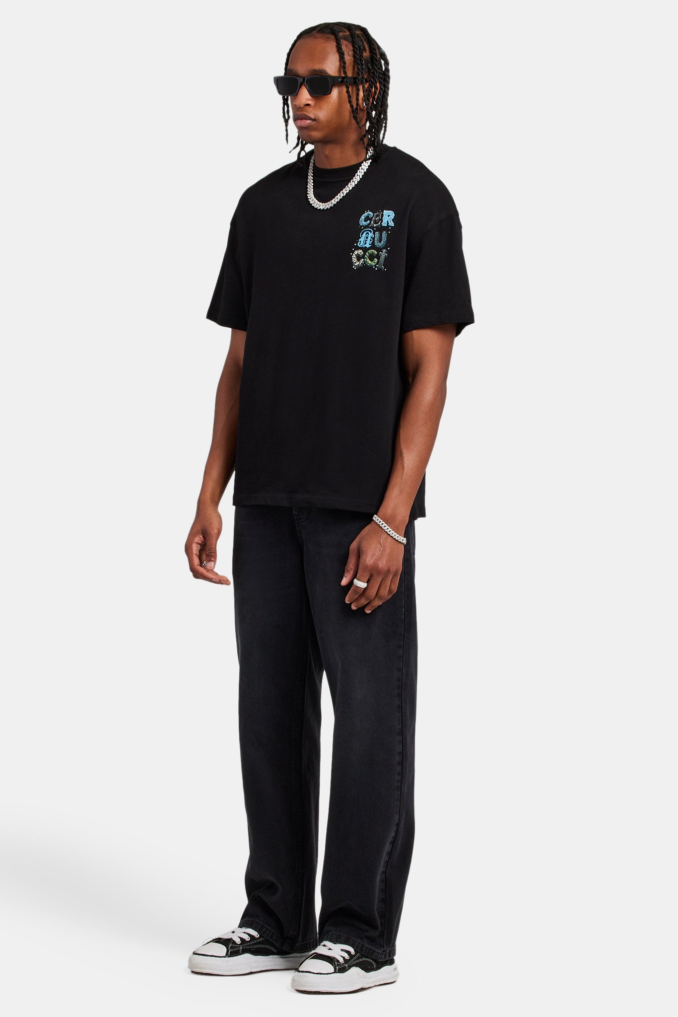 Cernucci Letter Rhinestone Oversized T-Shirt - Black | Mens Tees