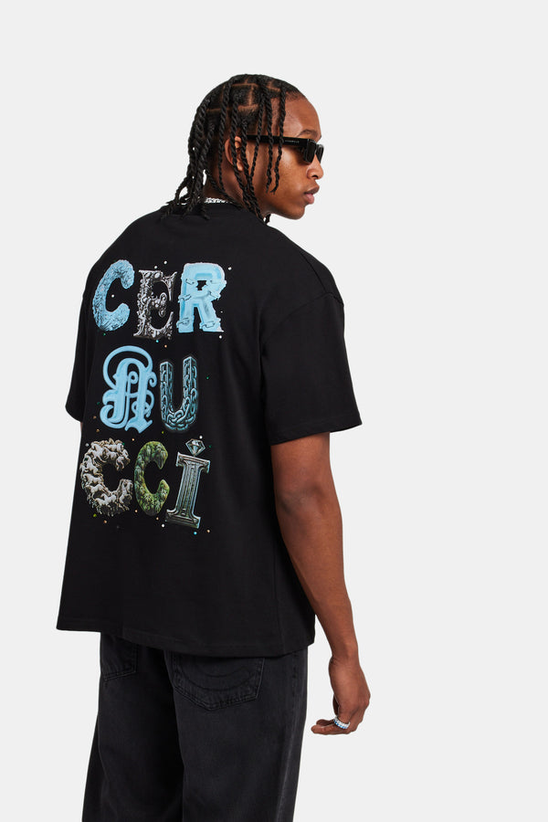 Cernucci Letter Rhinestone Oversized T-Shirt - Black