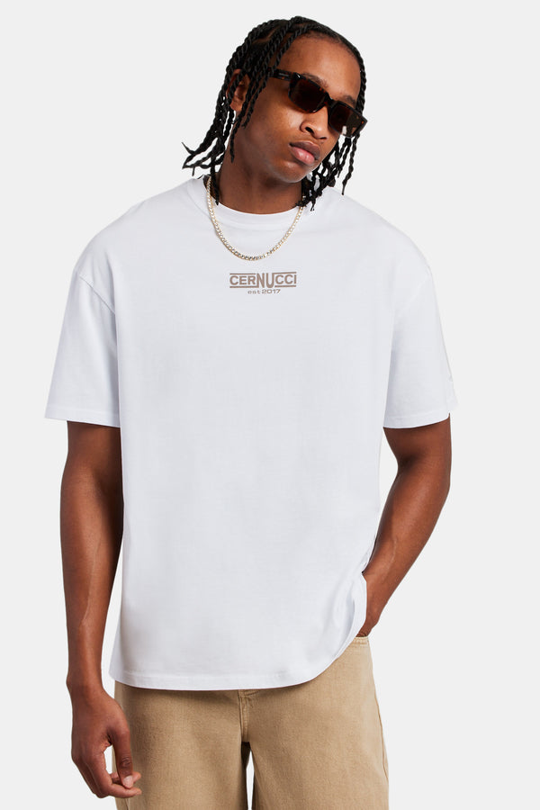 male model wearing the Cernucci Est 17 oversized t-shirt in white 