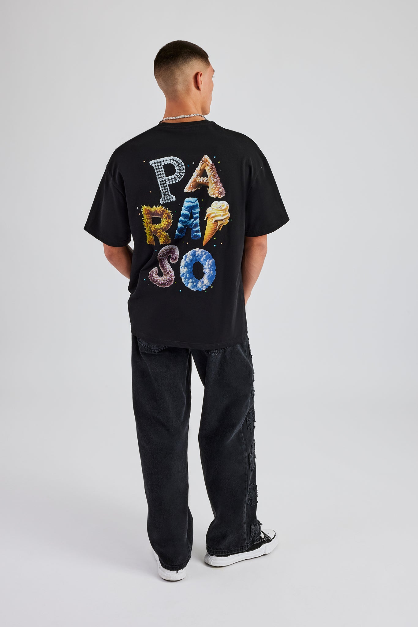 Paraiso Letter Rhinestone Oversized T-Shirt - Black | Mens Tees