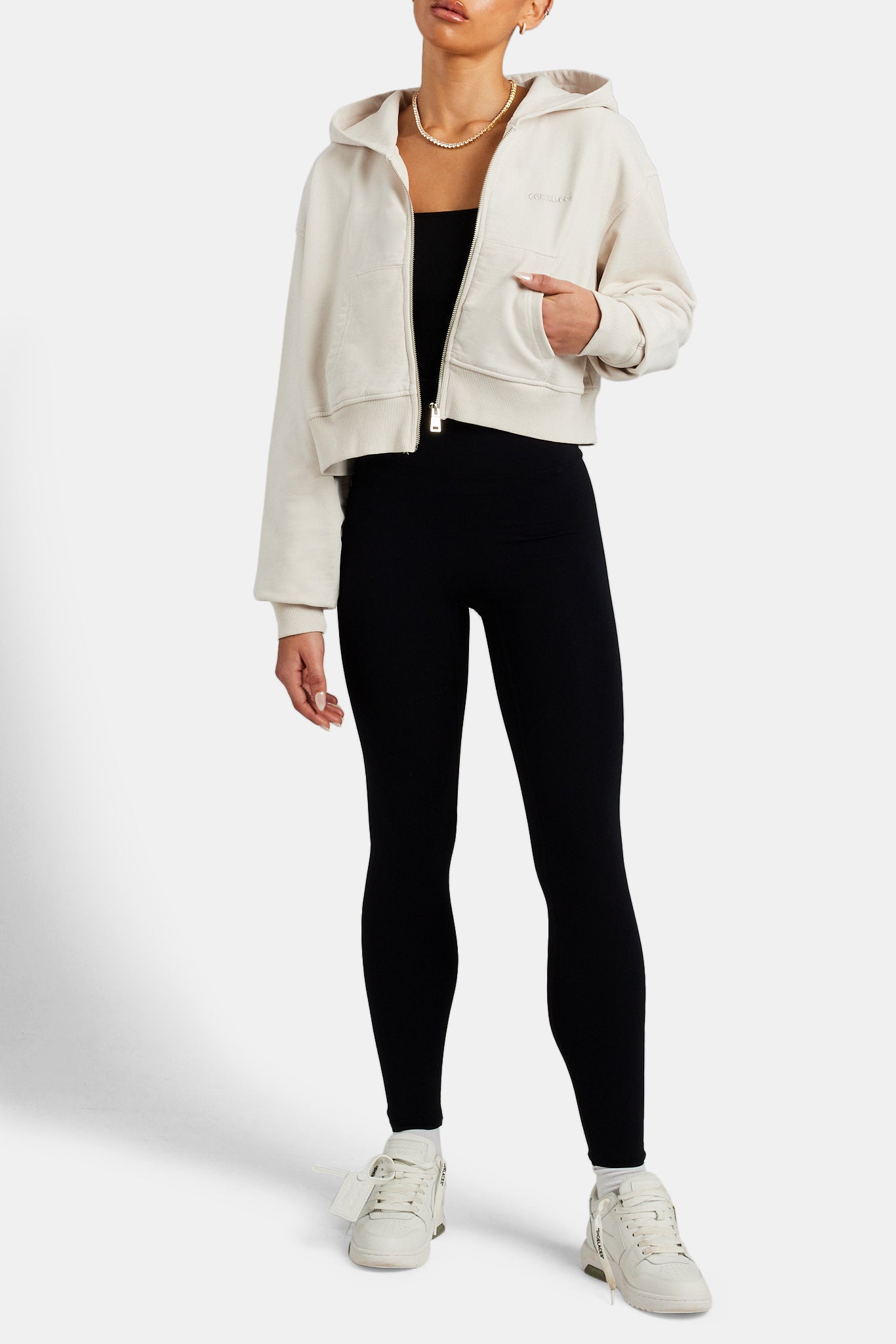 Kurzer Kapuzenpullover mit Reißverschluss - Stein