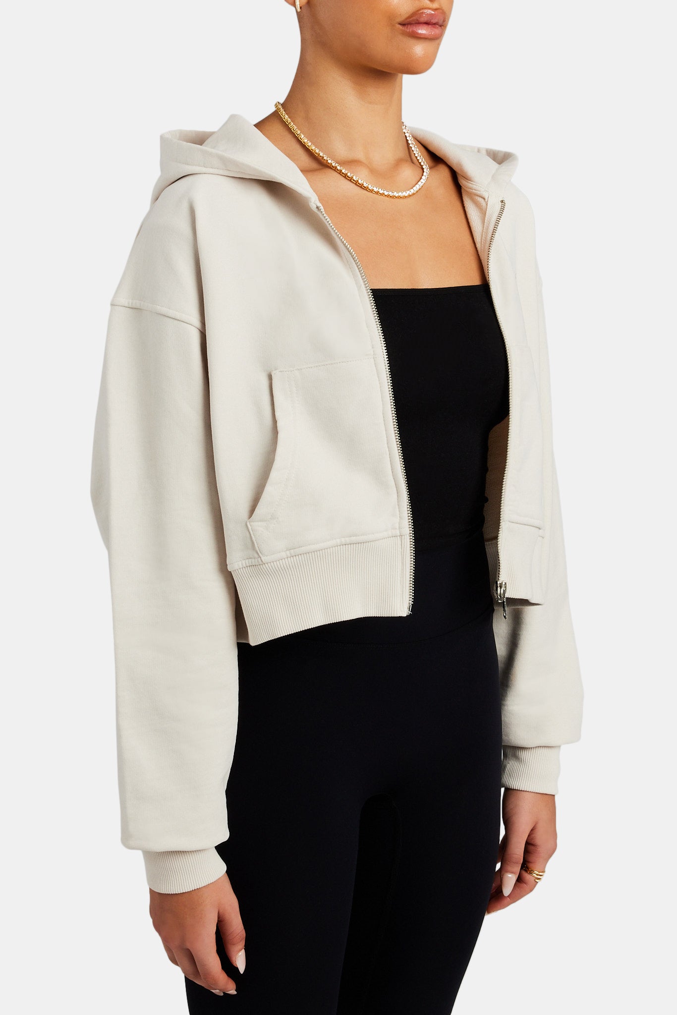 Kurzer Kapuzenpullover mit Reißverschluss - Stein