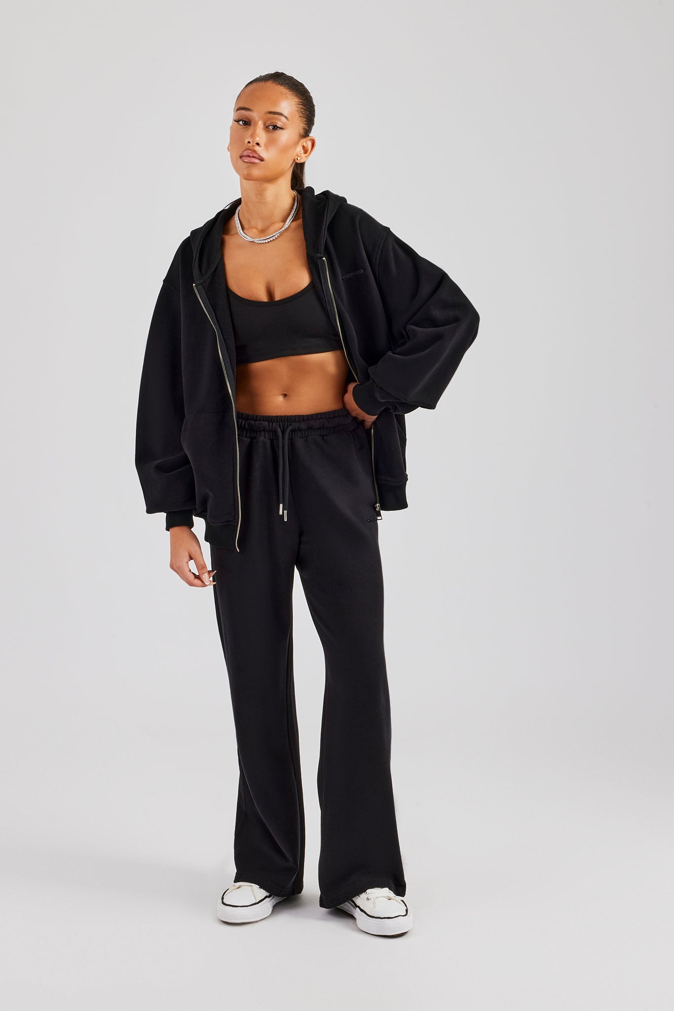 Damen-Jogginghose mit weitem Bein - Schwarz