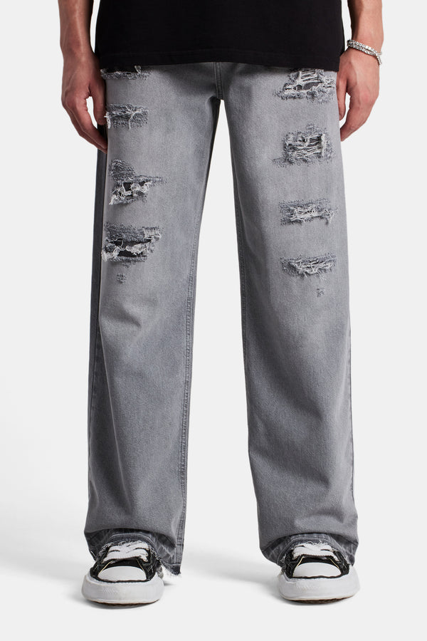 Baggy Fit Distressed Jeans - Light Grey